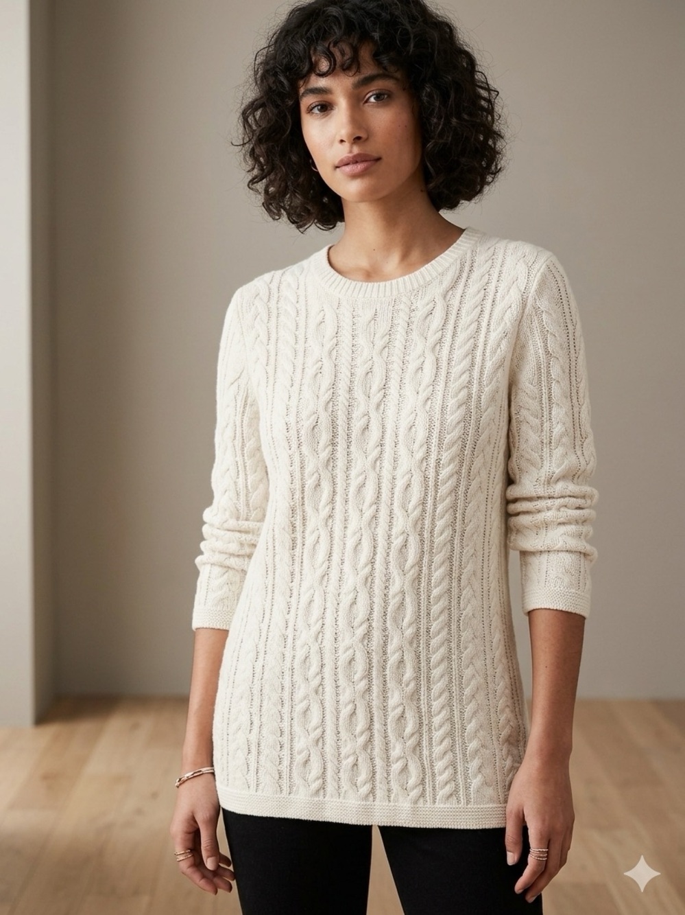 J Jill  Large Cream Cable Knit Crewneck Sweater